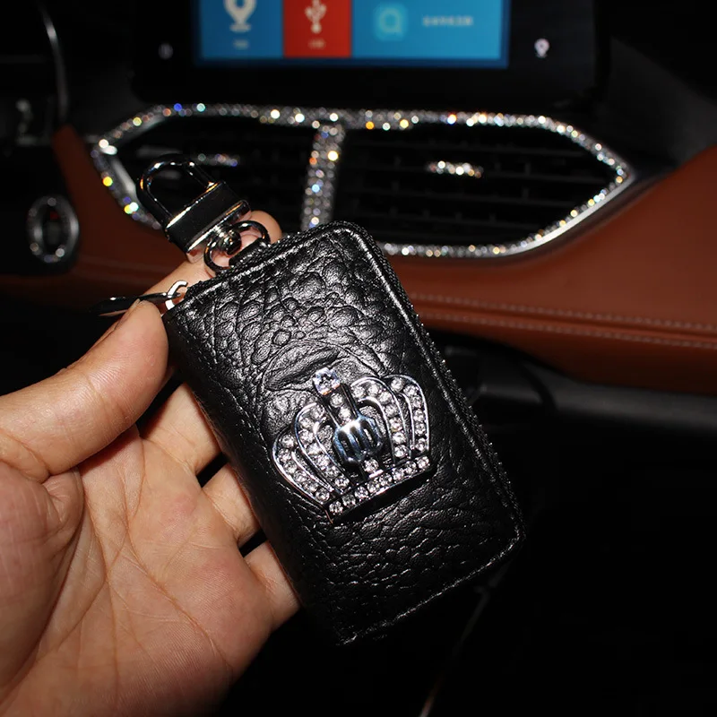 car key bag Чехол для ключей автомобиля с блестящей хрустальной короной, высокое качество, кожаный чехол на руль, сумка для хранения на выходе, Atuo, набор аксессуаров для интерьера - Название цвета: car key bag