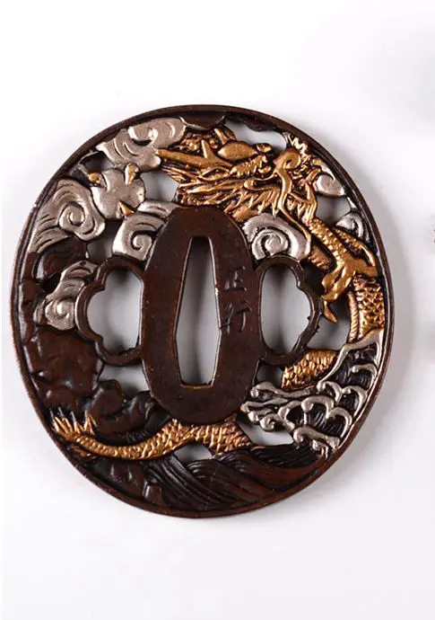 Tsuba Набор, тема дракона, металлический меч, аксессуары Цуба, Menuki Fuchi, Кашира, латунная фурнитура для японского самурая, меч катана - Цвет: Tsuba