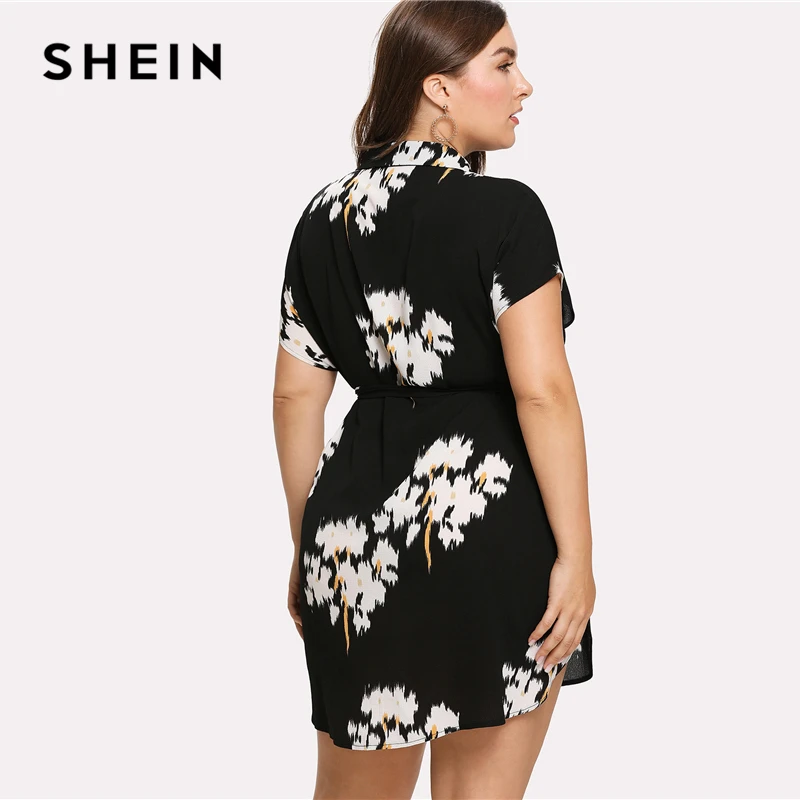 SHEIN Платье С Цветочным Принтом С Поясом Плюс Размер Цветочные Женские Платья С Коротким Рукавом
