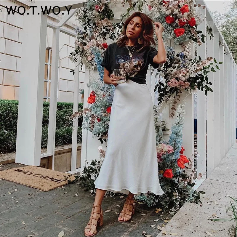 WOTWOY 2019 Горячие трендовые атласные юбки женские с высокой талией на молнии тонкие