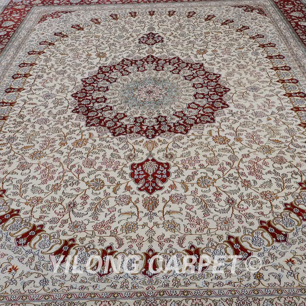 Beste Yilong 9'x12 'Vantage Perzische Zijden Kleed Grote Beige Medaillon Antiek Iran Zijden Tapijt (0909)