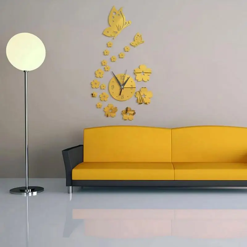 DIY 3D современная акриловая бабочка цветок DIY зеркальные настенные часы Наклейка домашний декор для комнаты Наклейка на стену s
