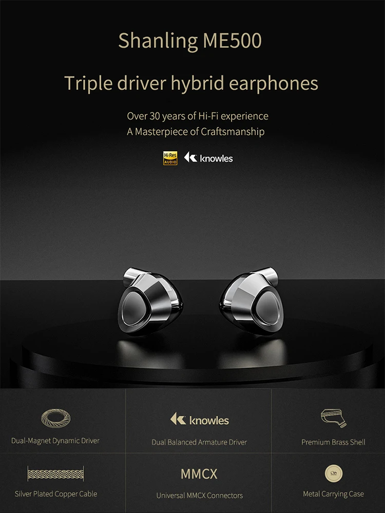SHANLING ME500 HiFi аудио тройной Гибридный Драйвер (1DD + 2 Knowles BA) наушники IEM латунный
