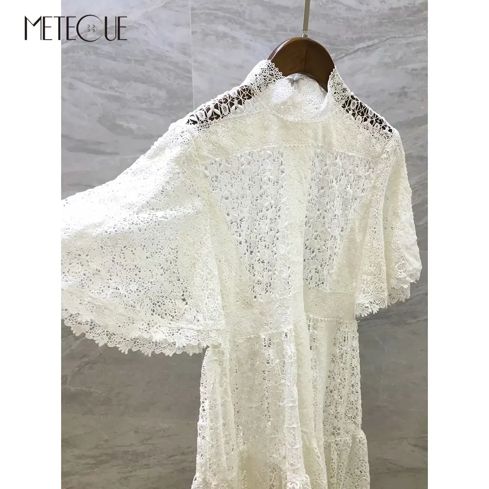 2 Pc Set White Lace Dress 2019 Spring Summer Fashion Stand Collar Butterfly Sleeve Midi | Женская одежда