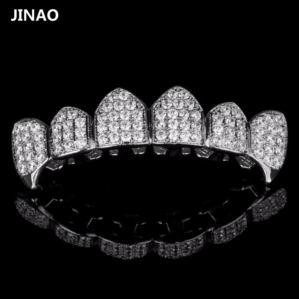 JINAO из чистого золота Цвет & посеребренные в стиле хип хоп Grillz Micro Pave CZ Золотой Клык