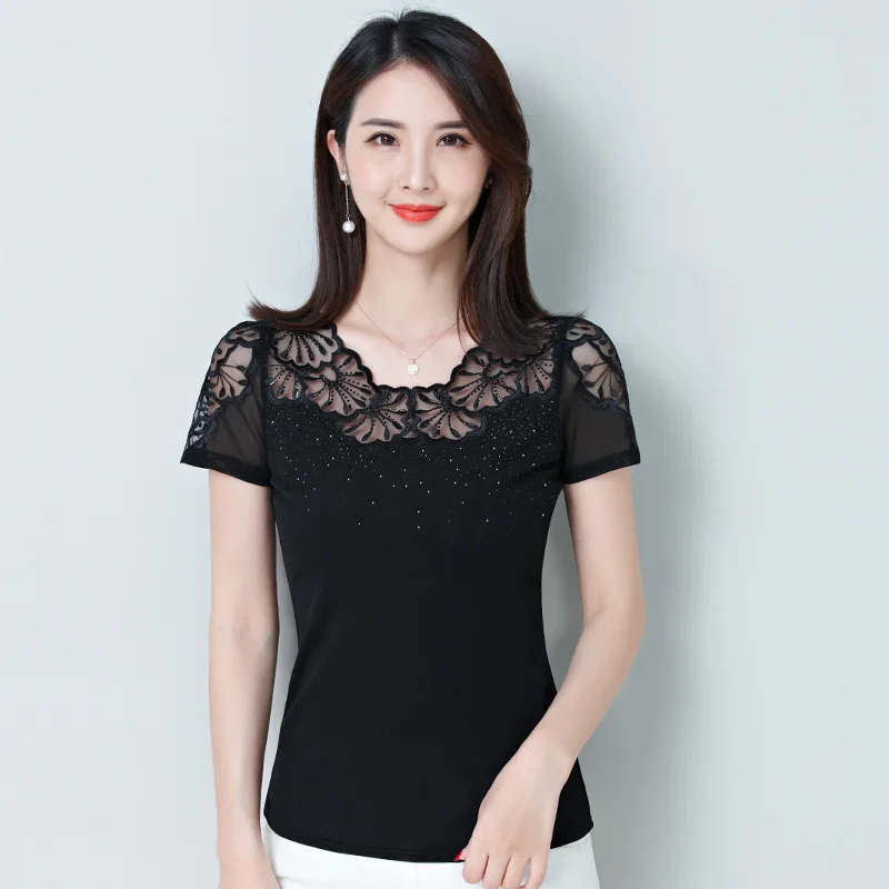 XXXXL сетки вышитые кружева алмаз Camisetas Mujer 2018 летняя футболка Для женщин с горный