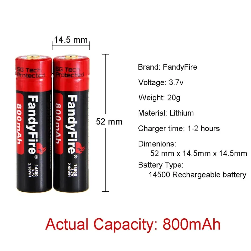 

2 pcs FandyFire 3.7V Rechargeable 800mAh 14500 Battery Lithium Batteries + 1* US Plug Dual slot 14500 Charger