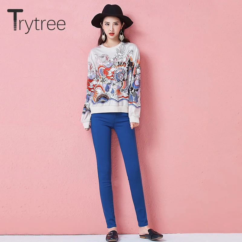 Trytree/весенне летние женские свитшоты уличная одежда с принтом белый полиэстер