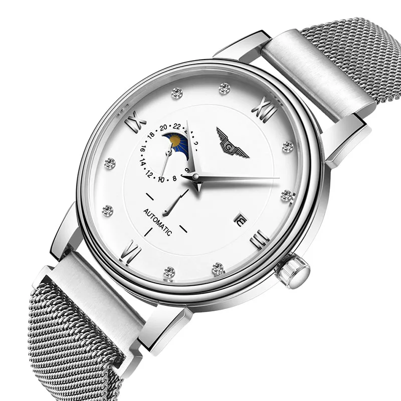 GUANQIN Automatic Watch Men Moon Phase Mens Mechanical Watches Top Brand Luxury Clock Stainless Steel Wristwatch reloj hombre | Наручные