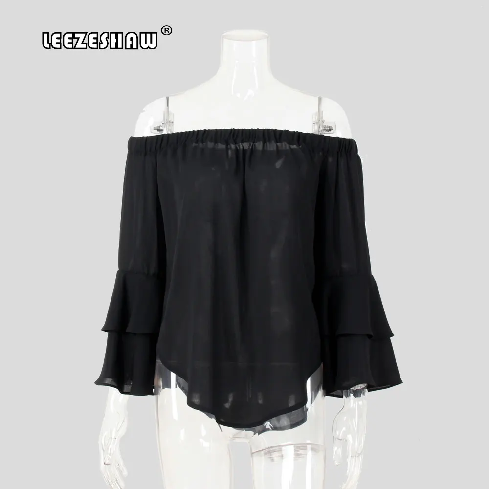 Leezeshaw 2018 Off Shoulder Petals Sleeve Chiffon Women Shirts Blouse Solid Long Tops Fashion Party Sexy Blouses Femme |