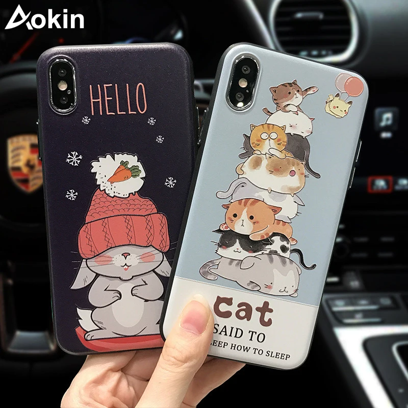 Aokin Cute Cat Phone Cases for iPhone X Case Cool Rabbit Optional Stand Ring Holder Soft Silicone Relief Cover Capa |