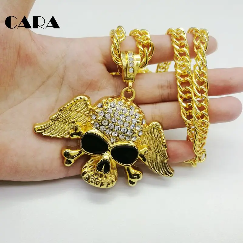 CARA новинка шикарные Стразы пиратский череп крылья кулон и ожерелье золотой цвет