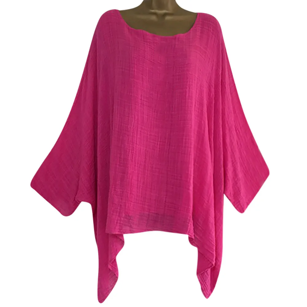 Hot Pink Женская блуза, Женская Повседневная, размера плюс, свободная, хлопок, лен, одноцветная, топы, рубашка, Blusas Mujer De Moda,, Camisa Feminina, Новинка - Цвет: Hot Pink