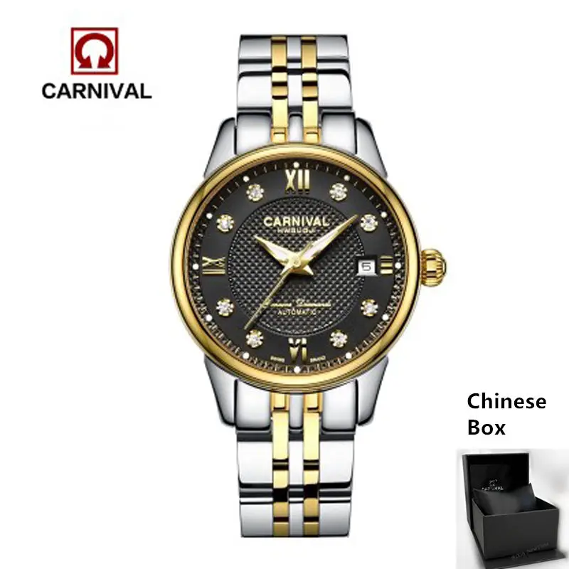 Gold black C8605 C Швейцария Carnival сапфировые автоматические механические Брендовые женские Часы повседневные Роскошные полностью стальные часы со стразами женские reloj - Цвет: Gold black C8605 C