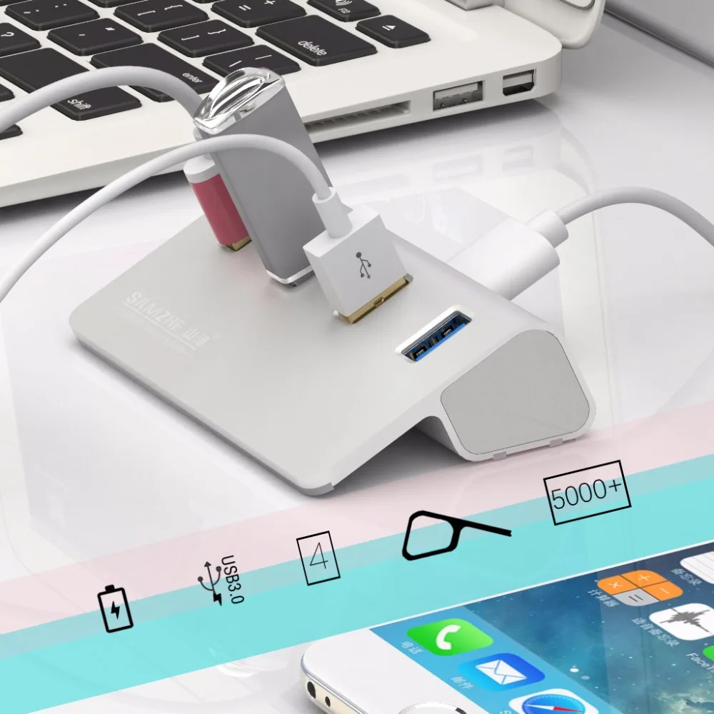 SAMZHE USB 3.0 Hub 4 Порта Расширения Рабочего Стола Разветвитель Алюминиевый Adpater Для