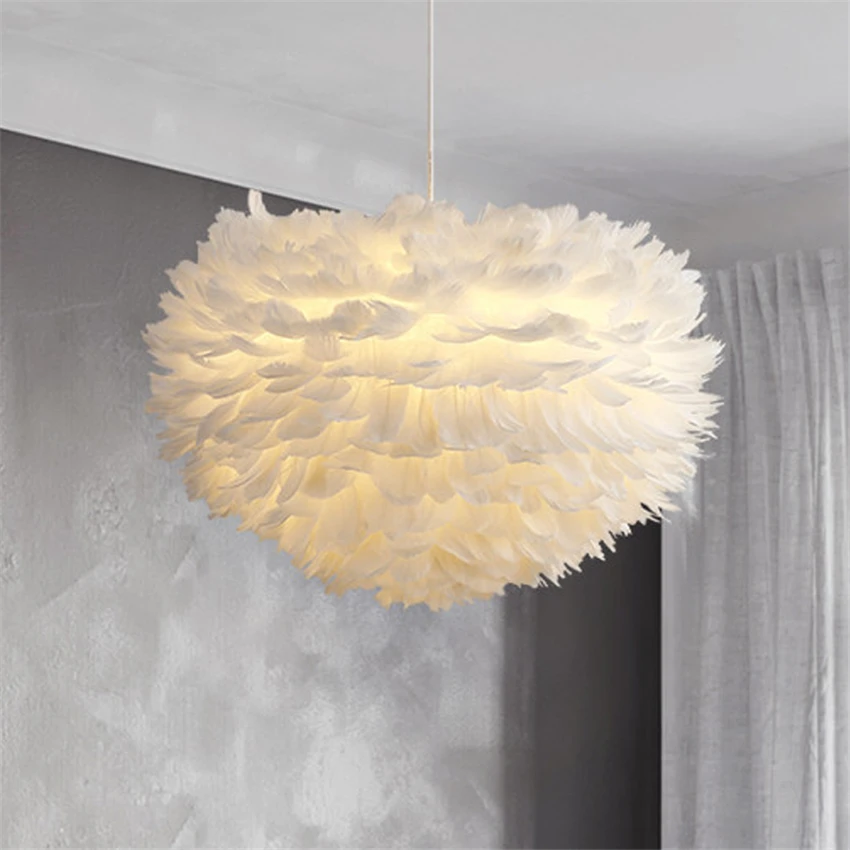 Nordic White Feather Pendant Lights Princess Room Girl Bedroom Living Study Hanging Lamps Modern Children De Fixtures | Лампы и