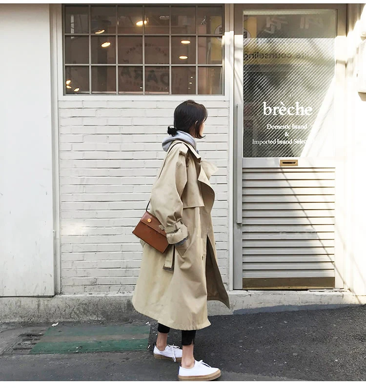 Korean Style Side Split Women's Trench Coat Autumn Winter Double Breasted Khaki Sahses Loose Trench Overcoat Windbreaker