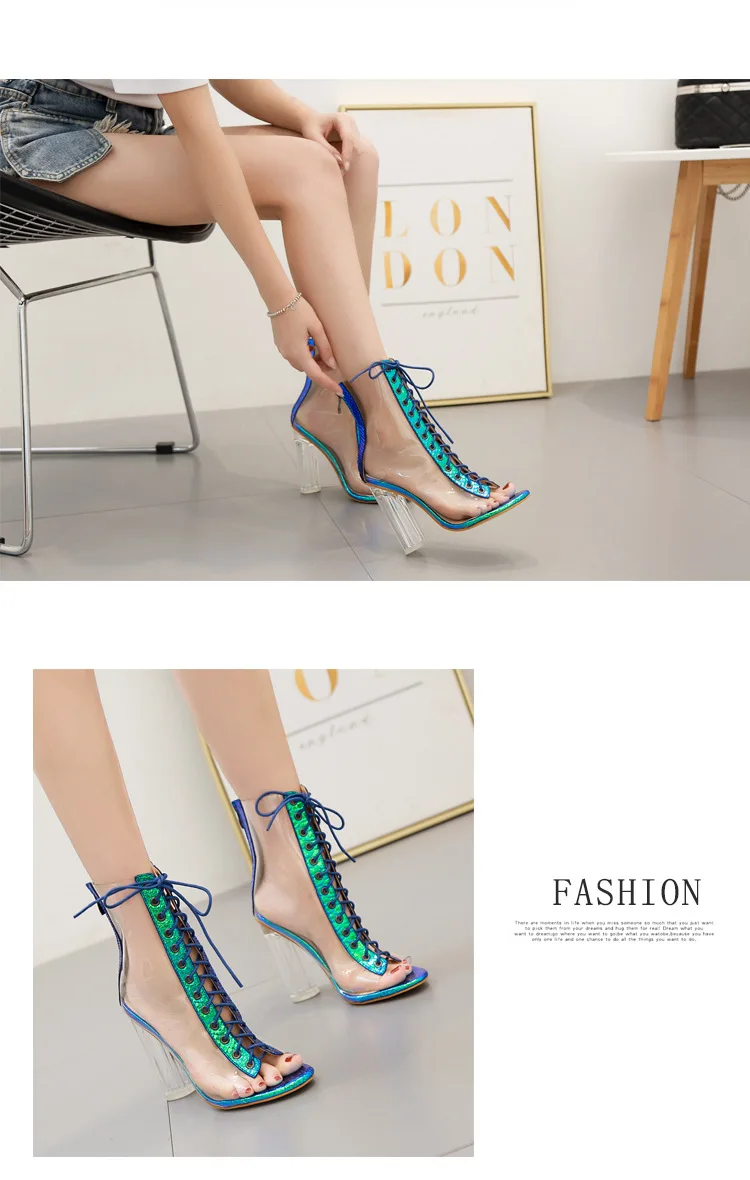 Summer Sandals Sexy PVC Transparent Gladiator Sandals Cross Strappy Peep Toe Shoes Clear Chunky heels Women Ankle boots