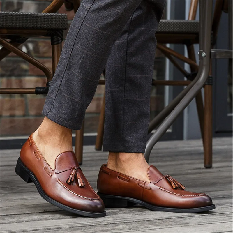 KRUSDAN New Tassel Men Genuine Leather Handmade Slippers Dress Shoes Business Wedding Men's Loafers British Smoking Flats | Обувь