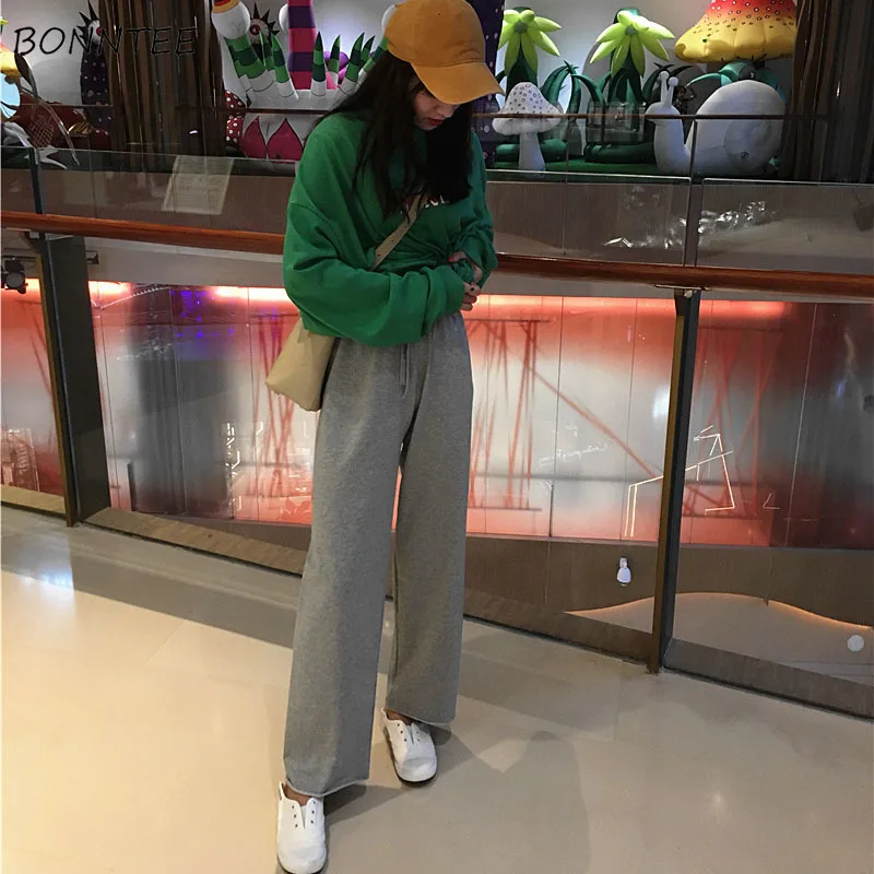 

Pants Women Solid Loose High Waist Casual Wide Leg Full Length Pant Korean Style Simple All-match Regular Womens Trousers Daily
