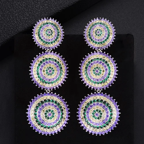 Purple GODK роскошные круглые массивные Висячие серьги для женщин Свадебные с кубическим Цирконом вечерние Дубай серебряные свадебные украшения - Окраска металла: Purple