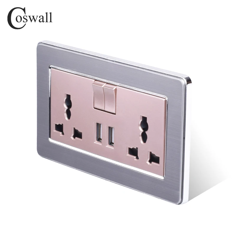 COSWALL 2 банды 13A универсальная Коммутируемая розетка двойной USB порт зарядки выход 2.1A настенная розетка из нержавеющей стали матовая панель