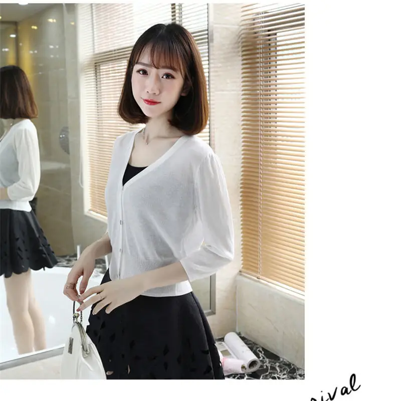 Solid Color Knit Cardigan Women Short Outside Shawl Sunscreen Summer Thin Top V-neck Seven Point Sleeve Shirt Coat f454 |