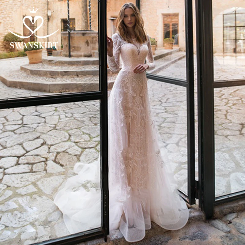 Swanskirt, винтажное Милое Свадебное платье на шнуровке,, модная аппликация, длинный рукав, платье для невесты принцессы, Vestido de Noiva K174