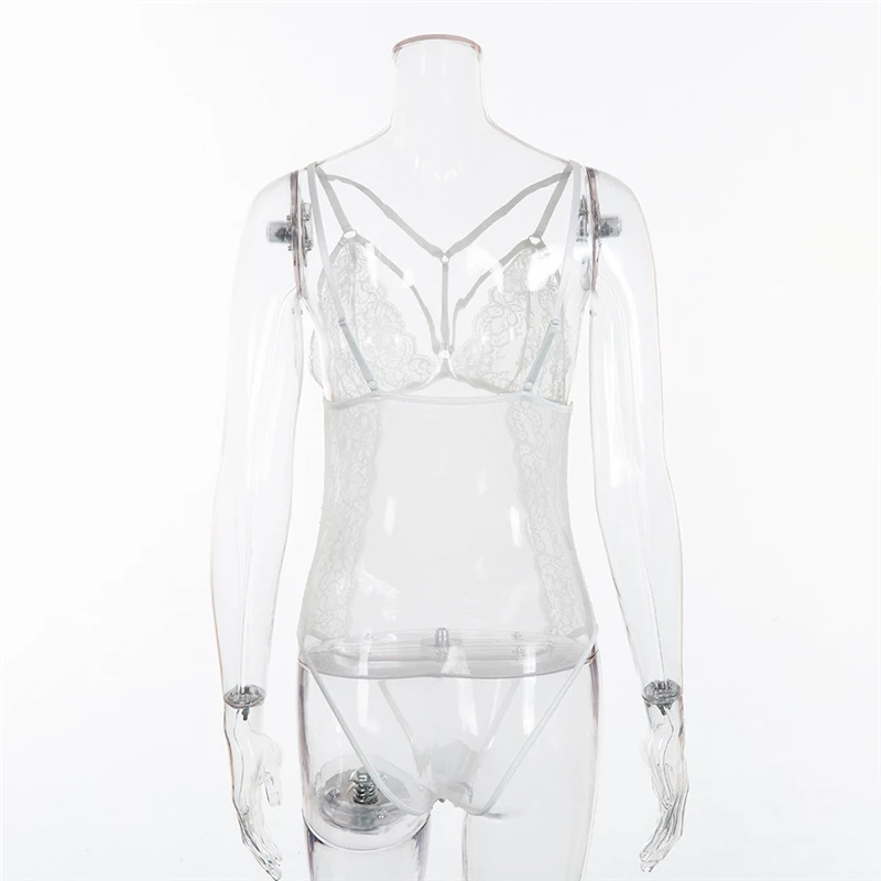 Sexy Lace Bodysuit Bandage Deep V Strap Perspective Rompers Women Jumpsuit Playsuit Combinaison Femme Jumpsuits