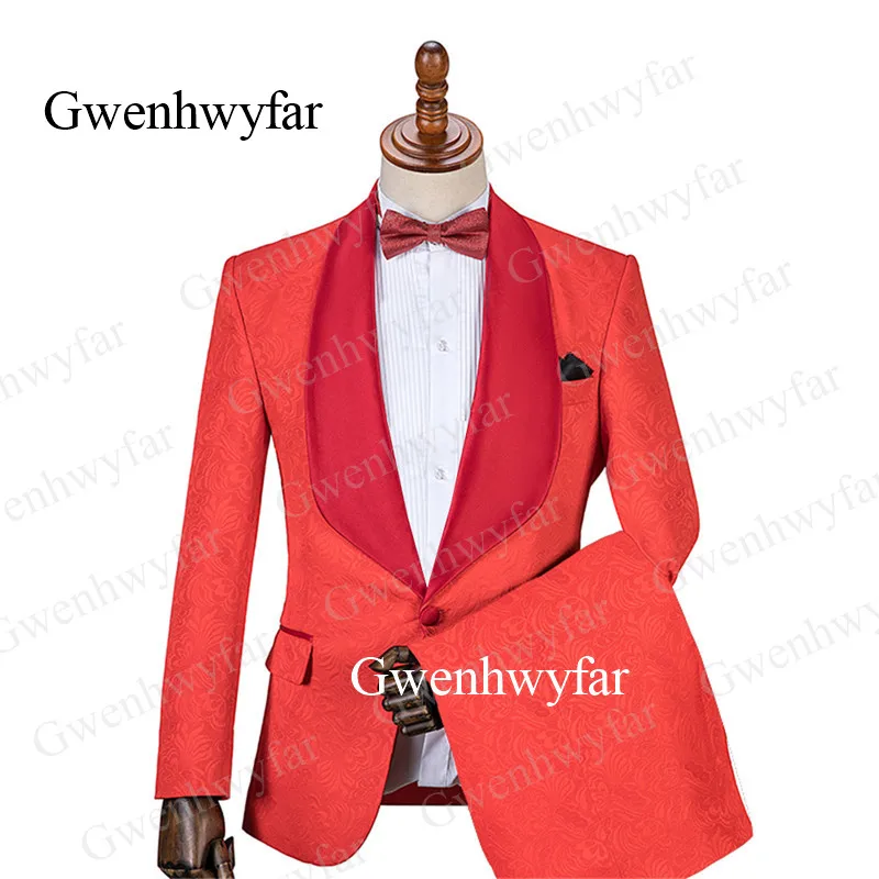 Gwenhwyfar 2 шт. мужские костюмы Красный цветочный жаккард дизайн мужской блейзер с