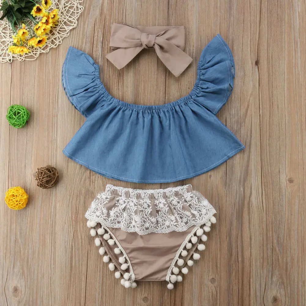 3PCS Newborn Baby Girls Summer Clothes Short Off-Shoulder Shirt + Shorts with Lace and Pompon Headband Outfits | Детская одежда и