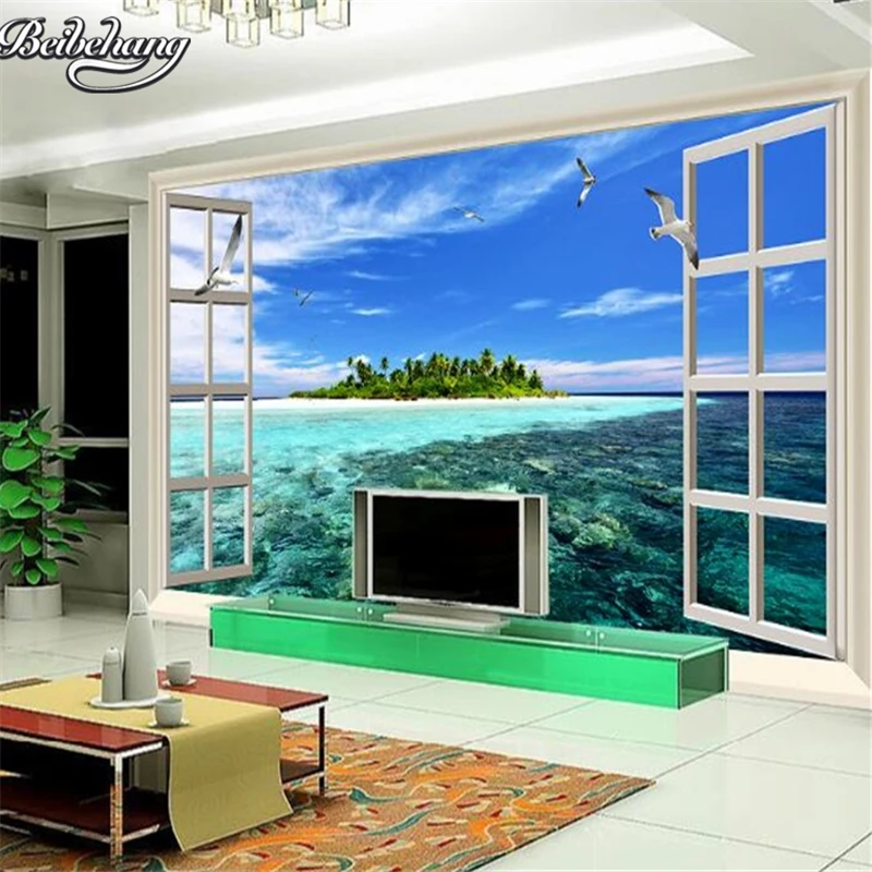 beibehang Large custom windows outside the ultra clear water blue sky sunshine island background home decoration | Обустройство дома