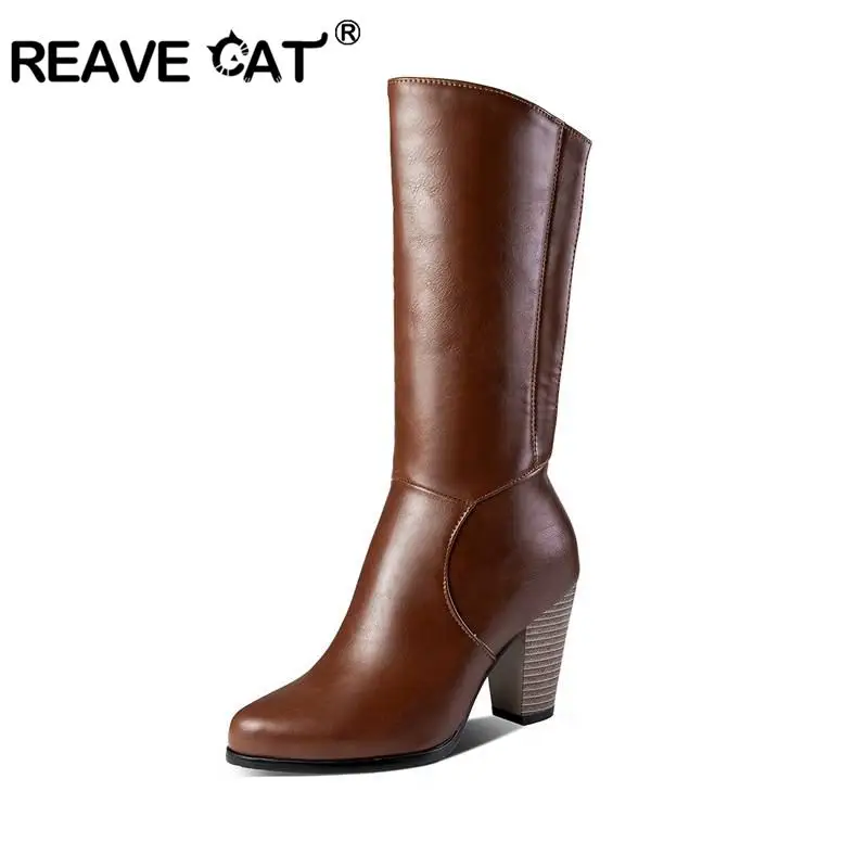 

REAVE CAT New Western boots Mid calf Thick Heels Zipper Female Leather Shoes Large Size Block Heel Booties Size 46 47 48 49 50