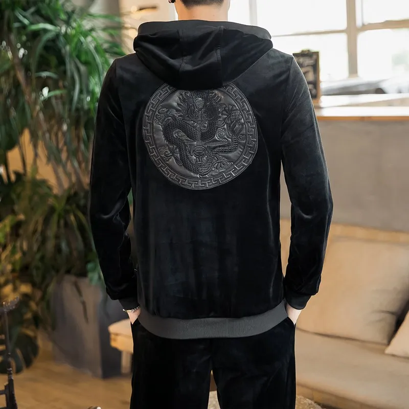 Китайский дракон вышивка куртка с капюшоном Мужская модная бархатная уличная