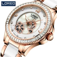 loreo 2019 ladies diamond display women top brand luxury white simple skeleton transparent case automatic mechanical watches