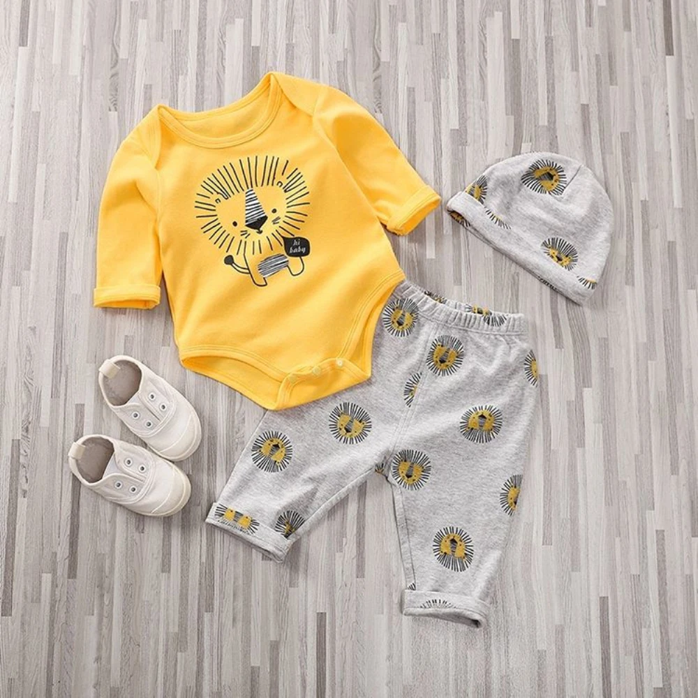 New Autumn Kids Baby Clothes Boy Lion King Print Long Sleeve Tops Romper Pants Hat 3PCS Casual Clothes Cartoon 0-3 Years