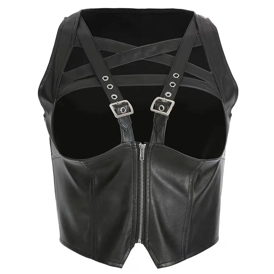 ADYCE 2019 New Summer Fashion Women Top and Blouse Sexy Tight Lady Hollow Out Solid Black Sleeveless Leather Femme Tank Crop | Женская