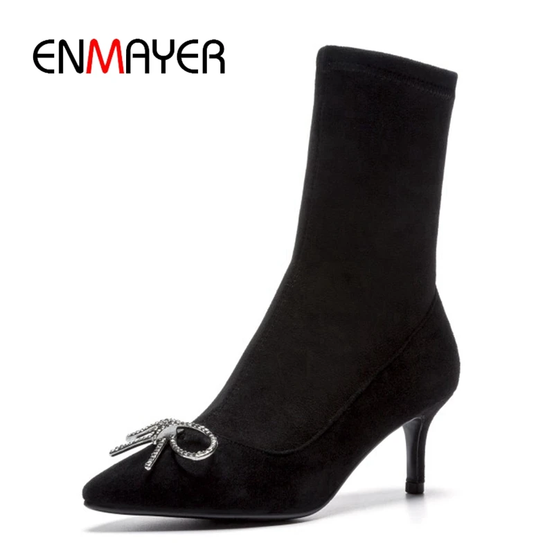 

ENMAYER New Style women pointed toe kid suede elastic band over-the-knee boots lady fashion solid butterfly-knot boots ZYL847