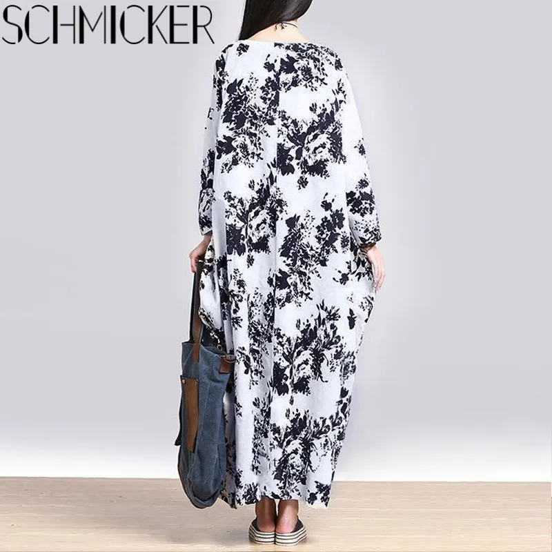 SCHMICKER весеннее модное женское платье с О-образным вырезом и длинным рукавом vestidos Повседневные с цветочным принтом из хлопка и льна мешковатые вечерние длинные платья макси