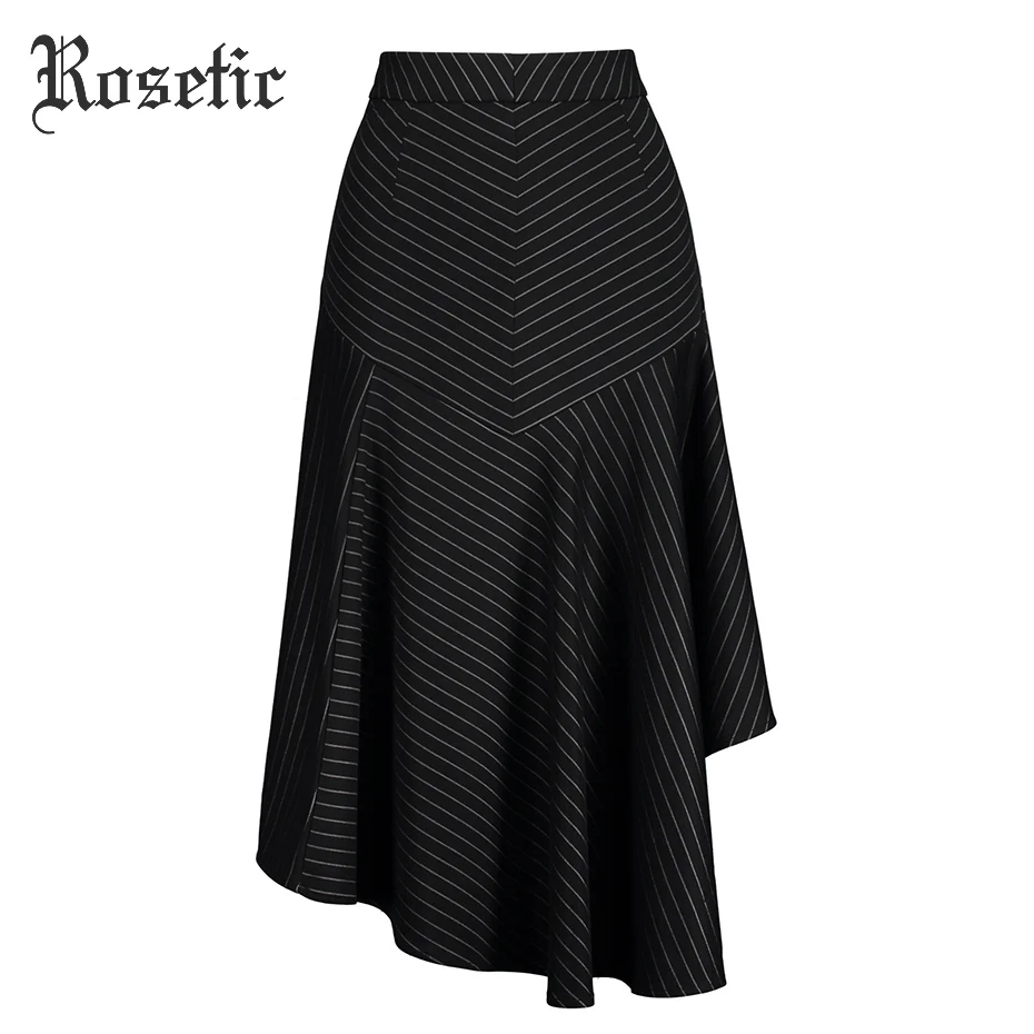

Rosetic Gothic Asymmetric Skirt Black Women Autumn Striped Falbala Knitted Fashion Slim Lady Office Street Harajuku Goth Skirts