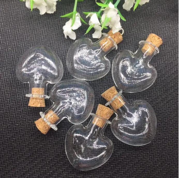 

100pcs transparent Glass Bubble potion HEART vial cork stopper silver/bronze/gold eyehook Lampwork pendant necklace charm 2ml