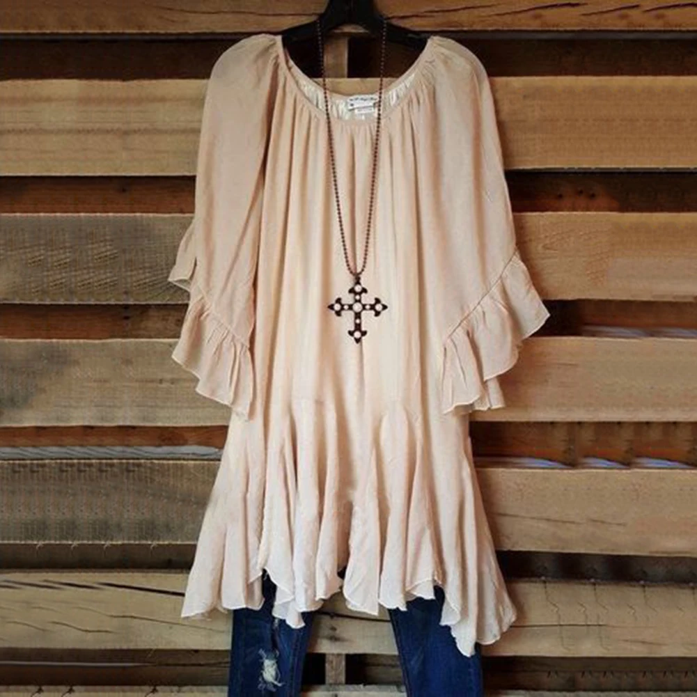 Женские летние Свинг футболки с рюшами Boho О-образный вырез выдалбливают тройники Модные Короткие рукава летучая мышь Асимметричный кружевной подол Туника Топы