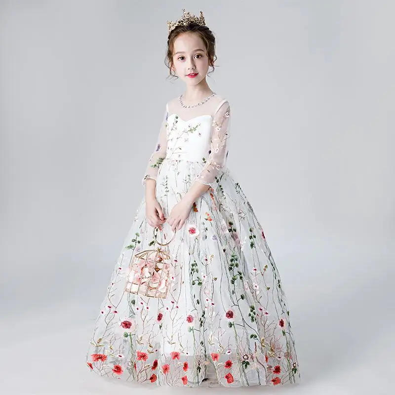 Flower Girls Long Dress for Kids Ball Gown Floral Embroidery Wedding Dresses Princess Birthday 2019 Children Runway | Детская одежда и