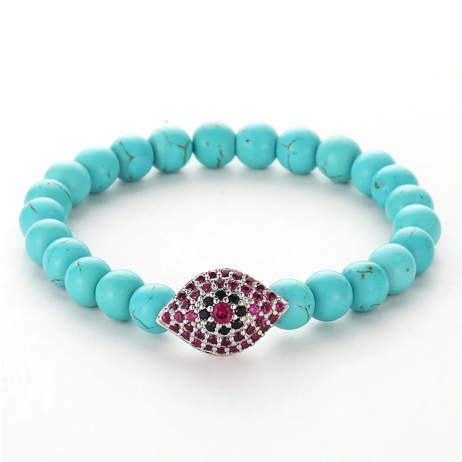 

HOBBORN Classic Amulet Women Beads Bracelet 8mm Natural Stone Handmade Strand Micro-inlaid Zircon Evil Eyes Yoga Bracelets Cruz