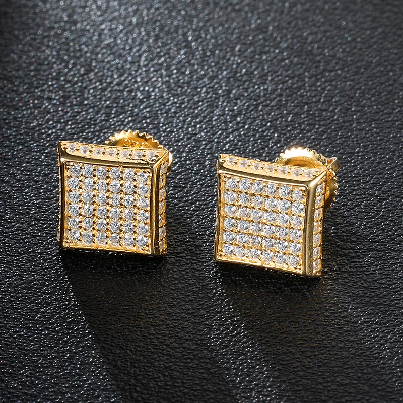 Хип-хоп CZ Циркон квадратный Bling Iced Out микро полностью проложенный горный хрусталь Золотая Сережка-гвоздик Медные мужские серьги ювелирные изделия