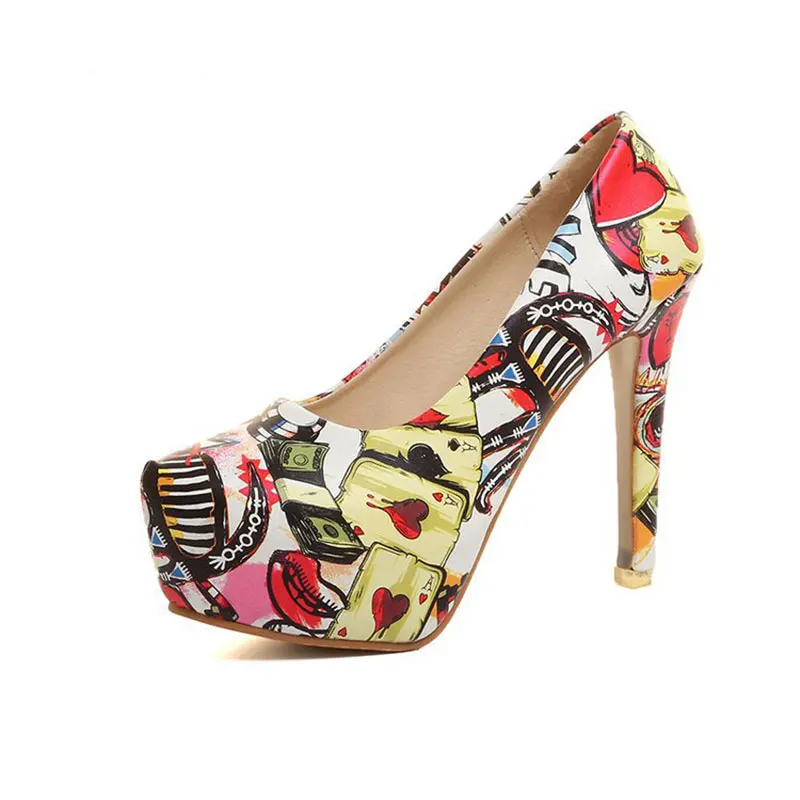 

2019 Early Spring New National Wind Single Shoes Stiletto Printing Female High Heel Waterproof Platform Large Size Women Shoes