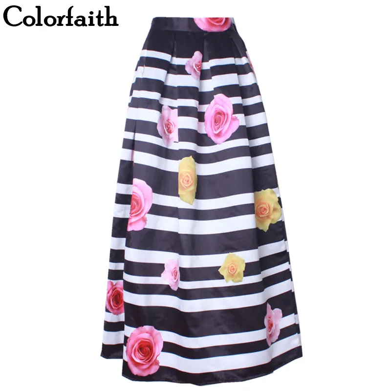 

Colorfaith 2022 New 100cm Floor-Length Flared Satin Vintage Floral Striped High Waist Saia Pleated Maxi Women Long Skirts SK13
