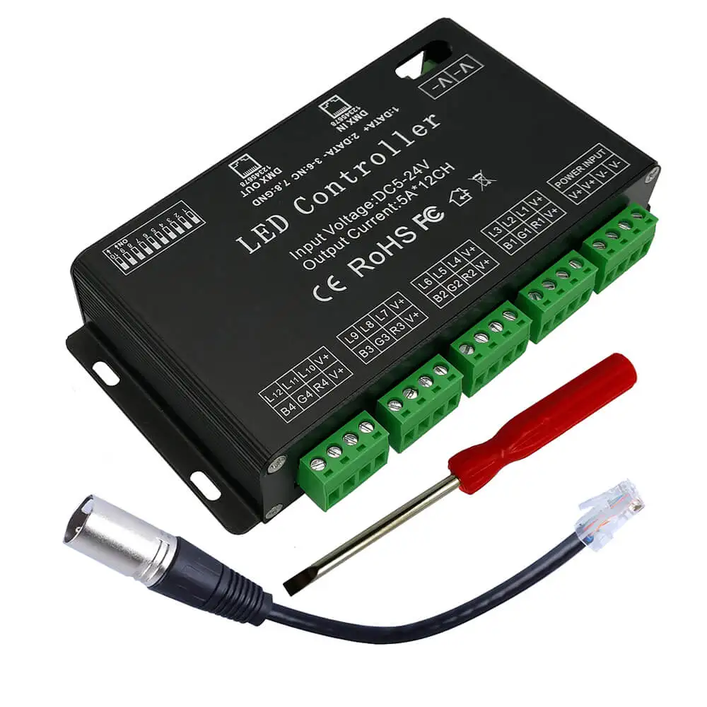 Decodificador DMX de 12 canales, controlador de tira LED RGB de DC5V-24V, decodificador DMX512 de 12 canales, controlador de atenuación DMX de alta potencia de 60A