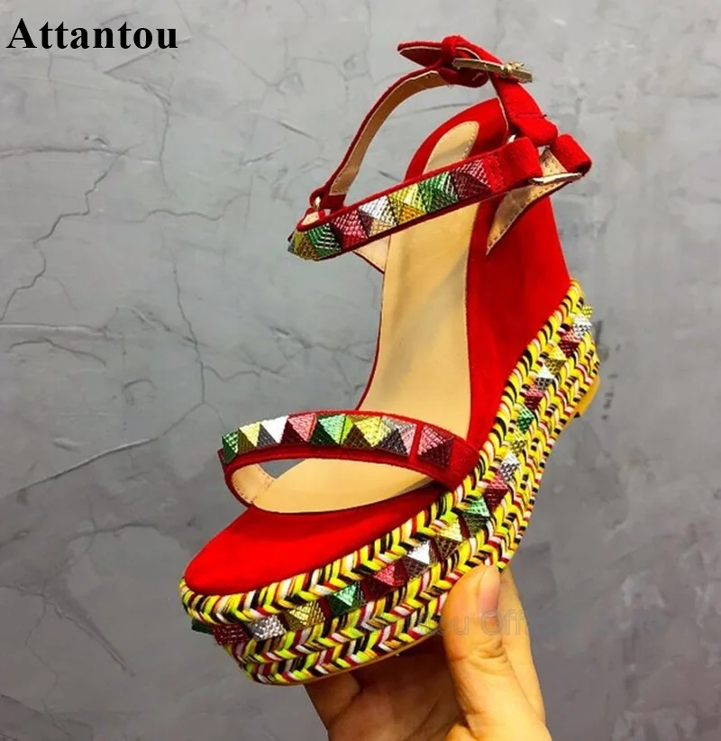 

Thick Platform Wedges Gladiator High Heel Sandals Women Colorful Rivet Ankle Strap One Belt Strap Suede Holiday Sandalias Mujer