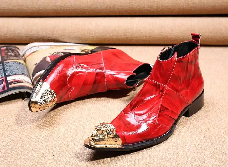 

Western Motorcycle Cowboy Boots Men Boots Dress Shoe 2018 Chelsea British Style Red Men Ankle Boots Genuine Leather Oxfords